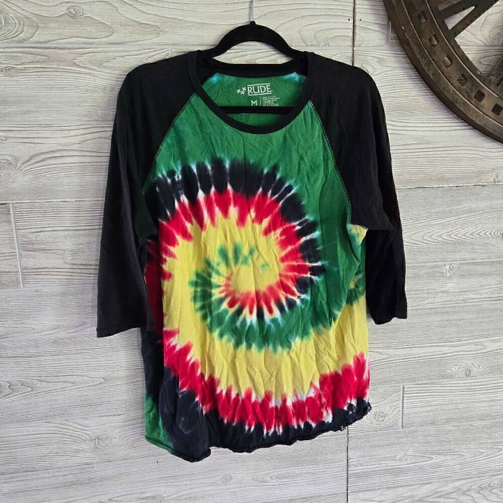 Rude Hot Topic Tie Dye Baseball Quarter Sleeve Shirt SZ M Womens
